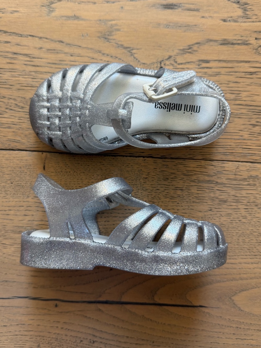 Mini Melissa Silver Glitter Fisherman Jelly Sandals Size 7